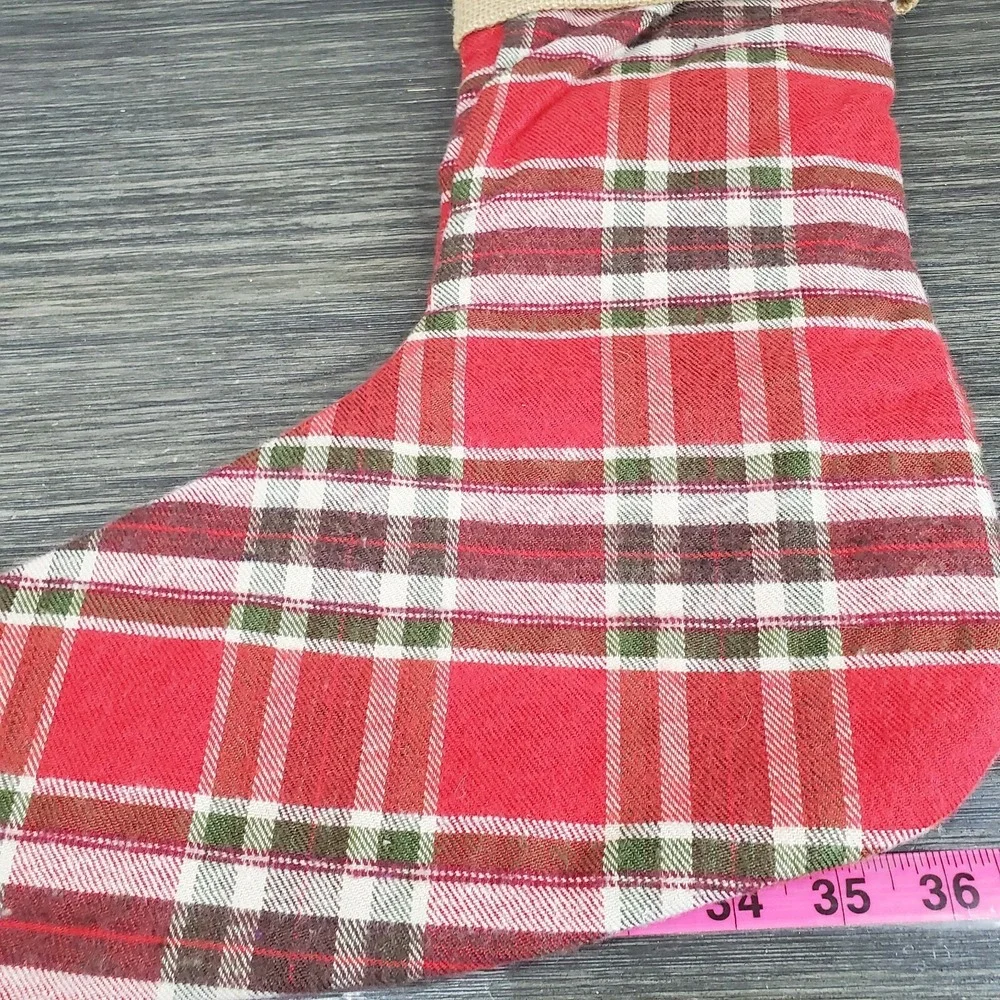 Domain Christmas Red Plaid and Burlap Dog Pet Stocking with Button Bones 16
