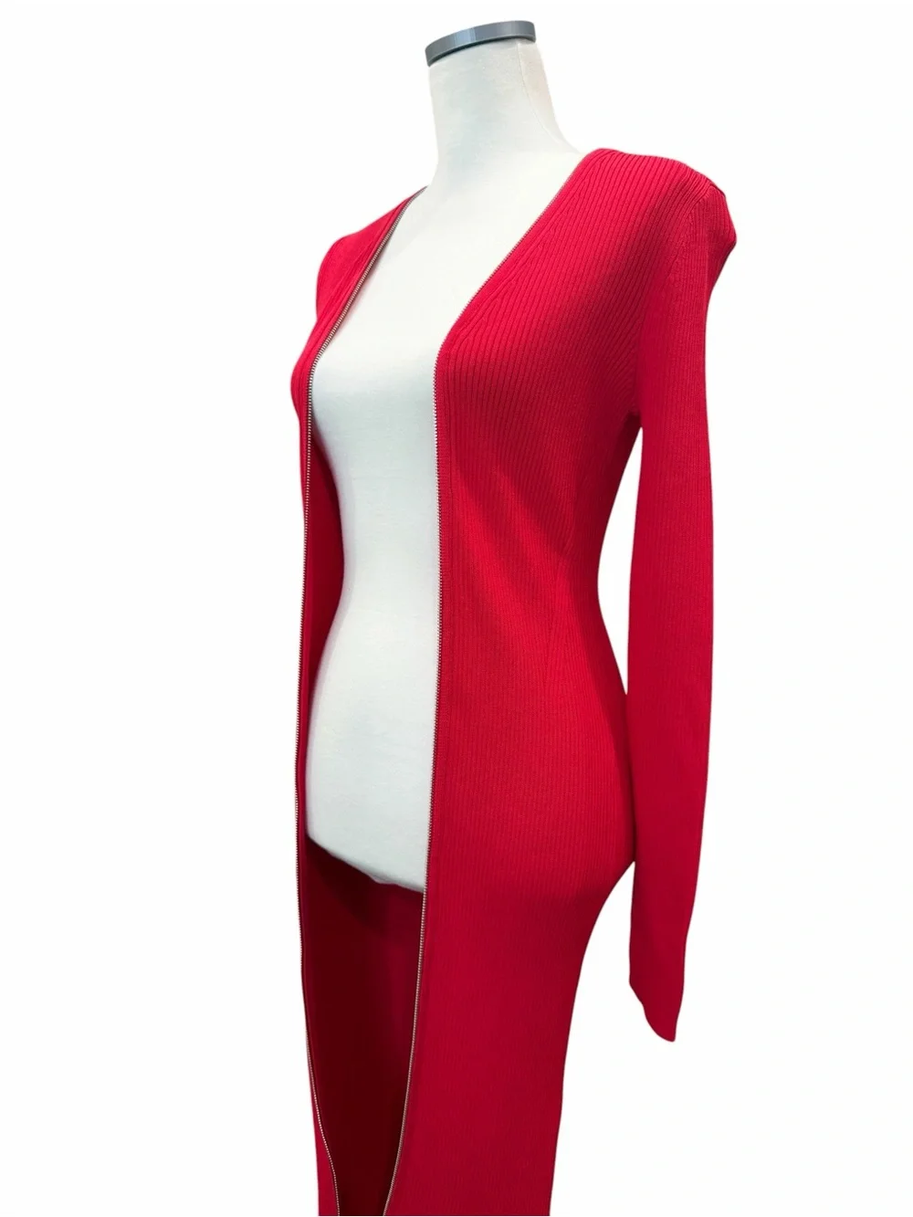 DKNY Ribbed Knit Two Way Zip Cardigan Dress Long Duster Long Sleeve Red XS NWT