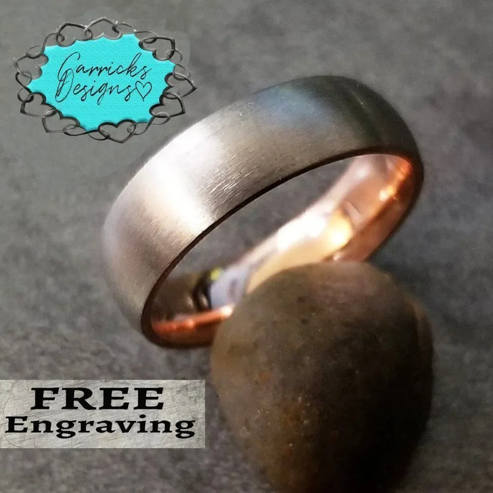 Engraved Mens Real Rose Gold & Silver Titanium Wedding Ring 14k Rose Gold Coated