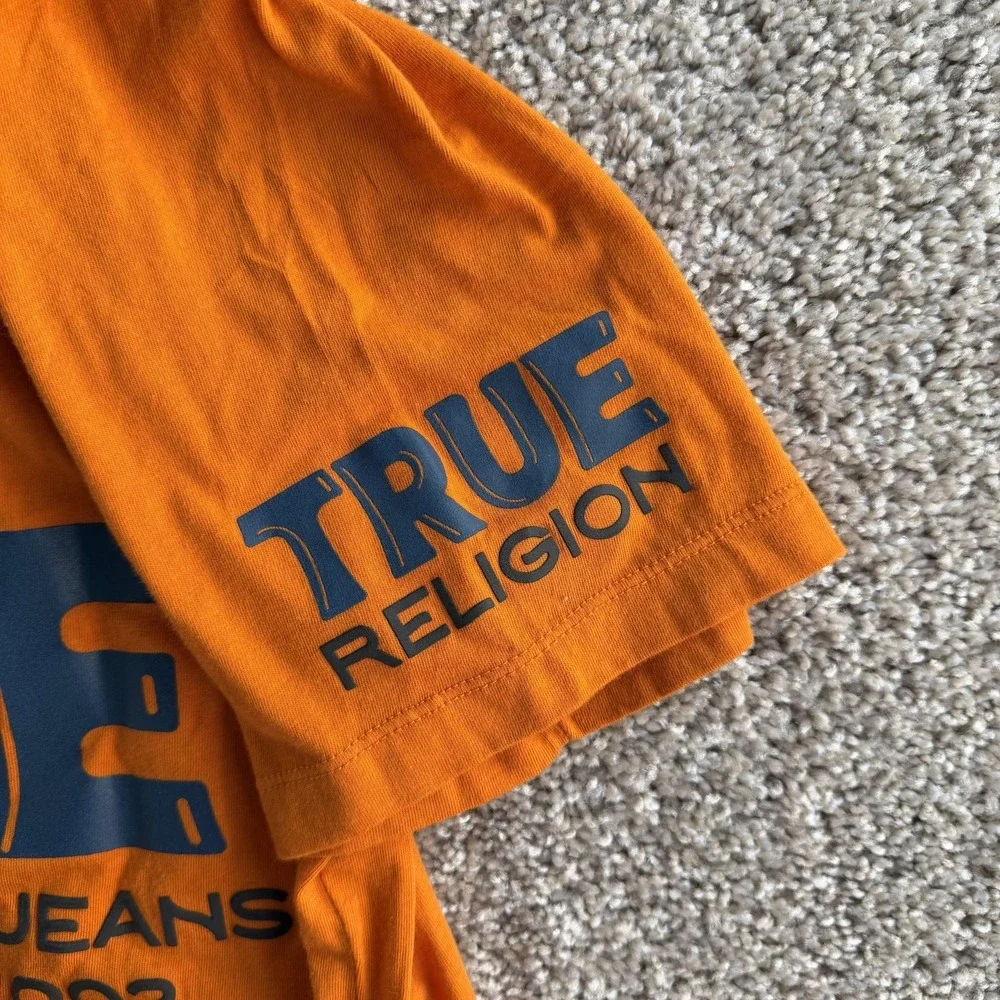 True Religion Shirt Mens XL Orange Buddha Back Graphic Logo Tee T-Shirt