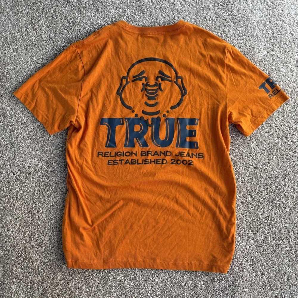 True Religion Shirt Mens XL Orange Buddha Back Graphic Logo Tee T-Shirt
