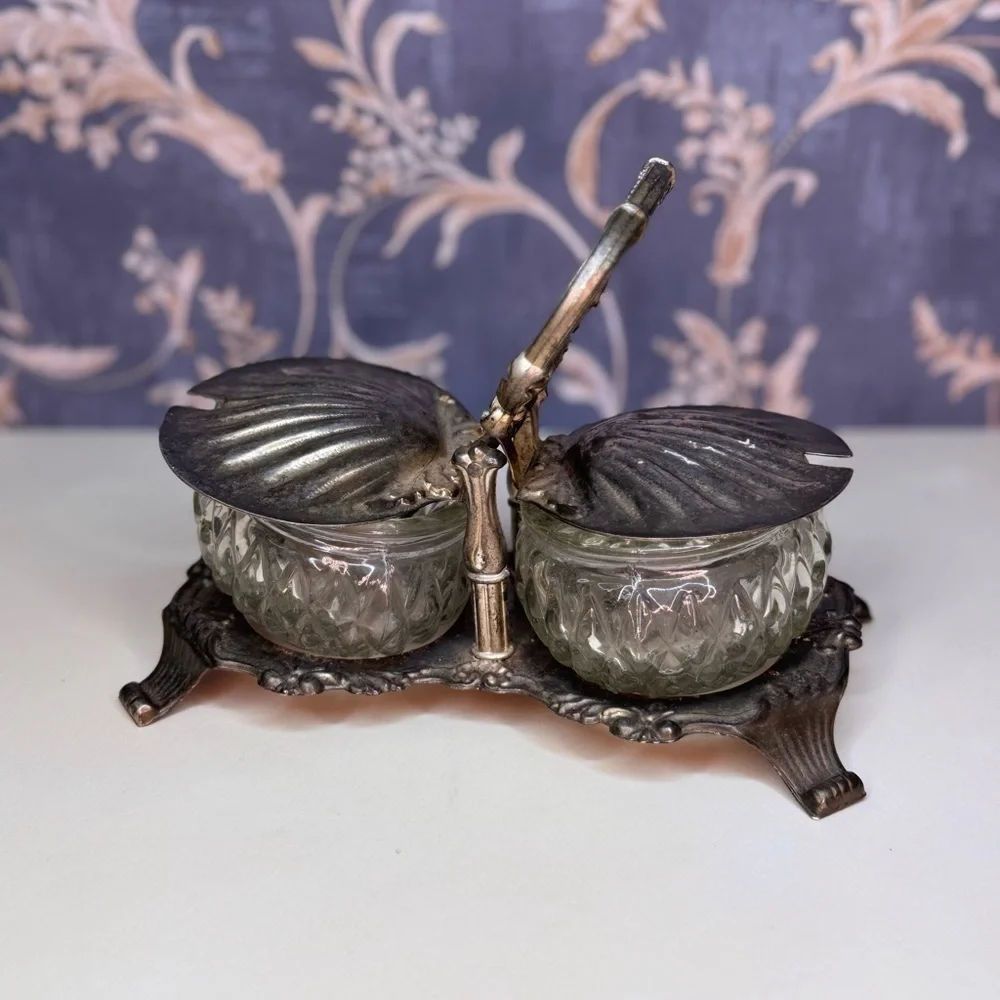 Antique 1900s Shell Shaped Silver Toned Double Salt Cellar with Cut Glass READ