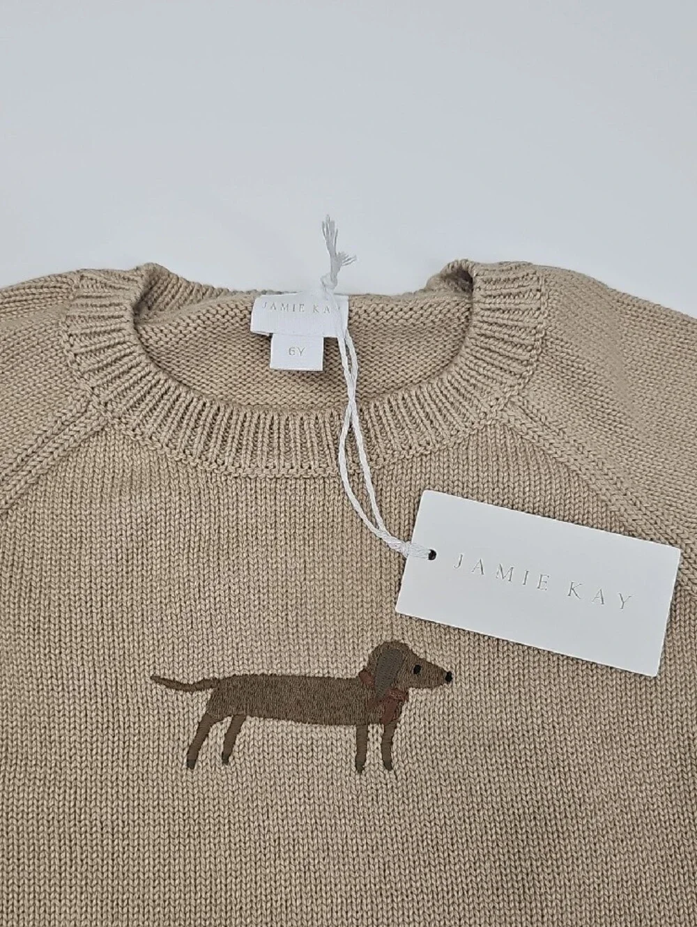 NWT Jamie Kay Beige Sweater with Brown Dachshund Motif Size 6Y
