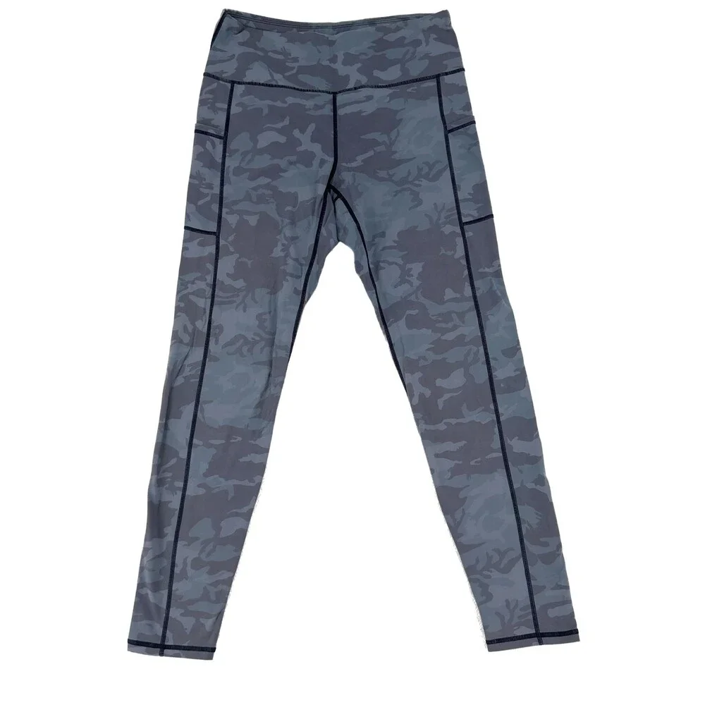 SIORO Womens Leggings L High Waist Pockets Blue Camo Activewear Yoga Workout