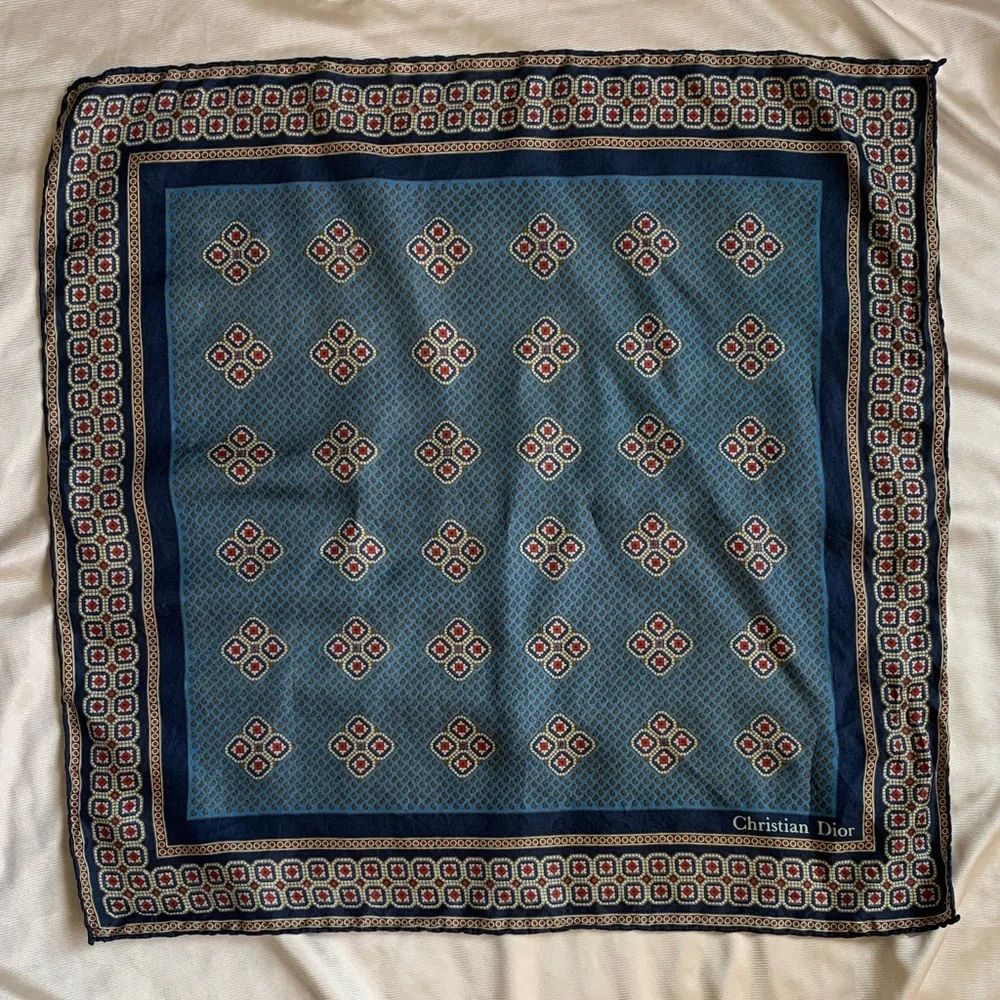 Vintage Christian Dior Silk Geometric Print Scarf | Blue Dior Silk Scarf