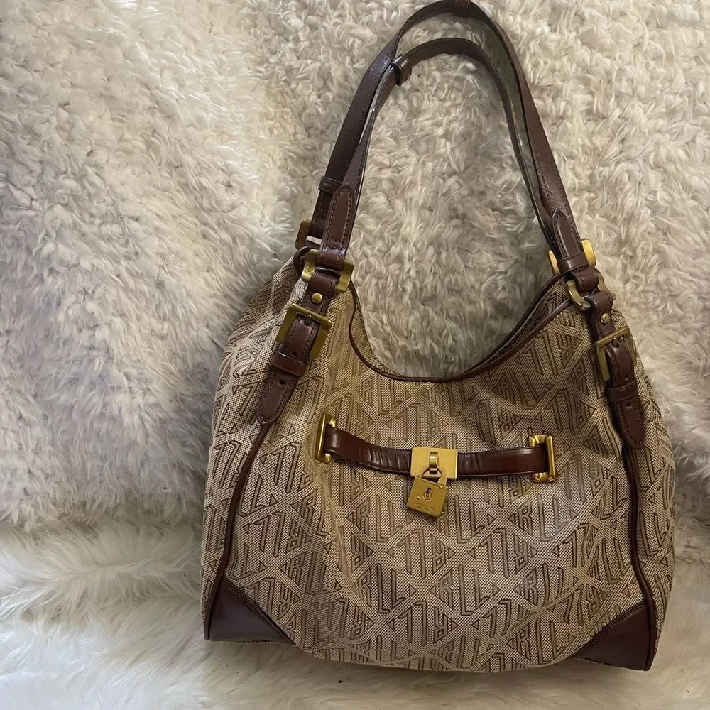 Ralph Lauren Logo Canvas khaki&brown Hobo Bag leather brown straps brass accents
