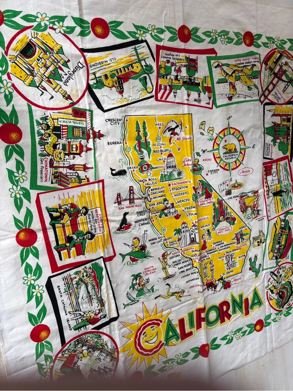 Vintage 50’s California Map Souvenir tourist Bright Yellow, Red, Green. Box xx
