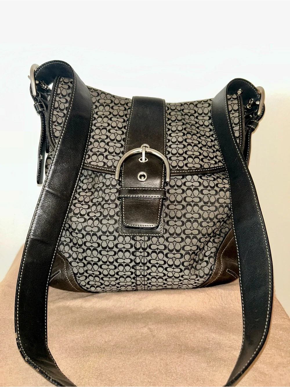 COACH Vintage Soho Signature Monogram Canvas and Leather Bag, black and gray