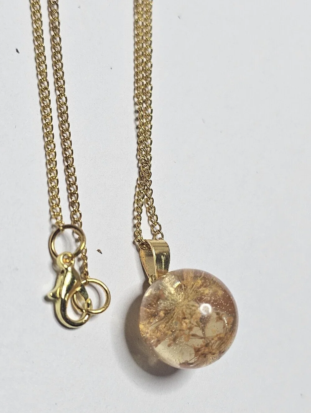 Gold-Tone Amber Resin Orb Pendant Necklace - Handmade
