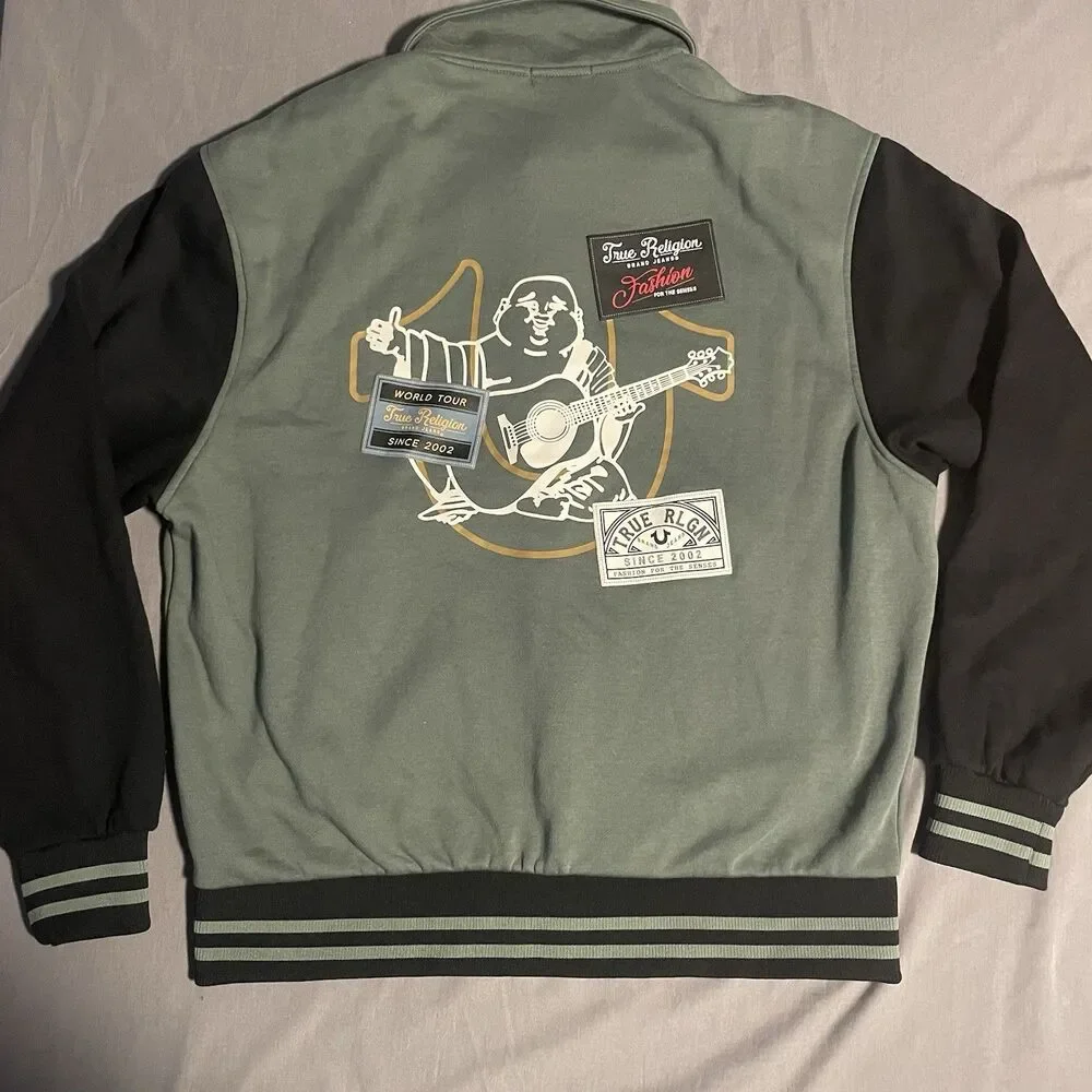 True Religion Men’s Collared Varsity Jacket Patches Size L Green Fleece Patches