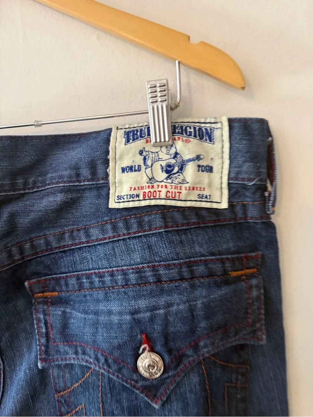 Y2K vintage True Religion Men's Indigo Bootcut Jeans red orange stitching