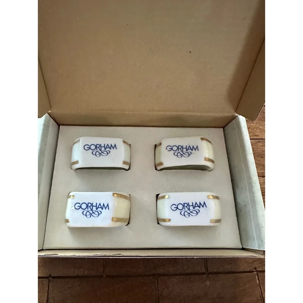 Gorham China Napkin Rings‎ Set of 4 White Gold Trim Style 00777GO Vintage Dining