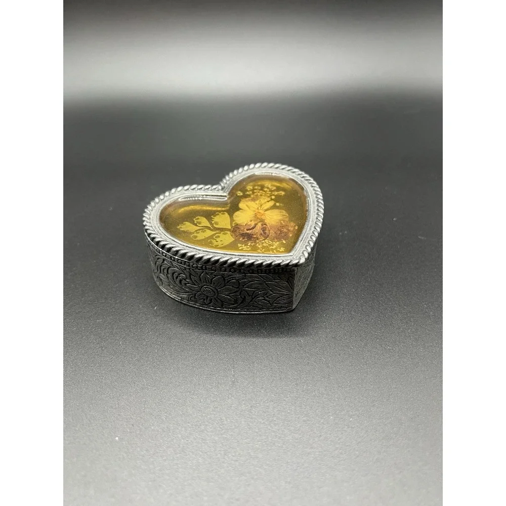 Vintage AXC Gifts Du Jour Heart Pewter Trinket Box - Pressed Dried Flower Lid