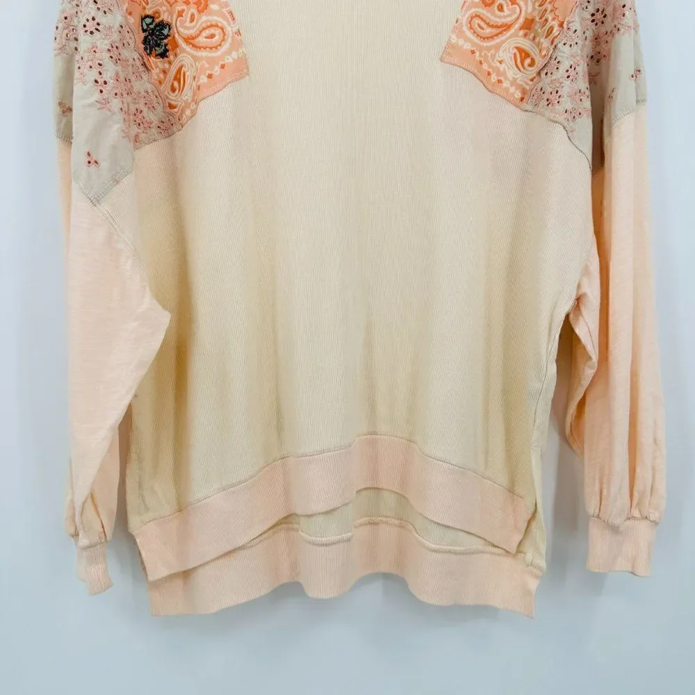 Free People Size Medium Slouchy Oversized Feelin It Patchwork Embroidered Shirt