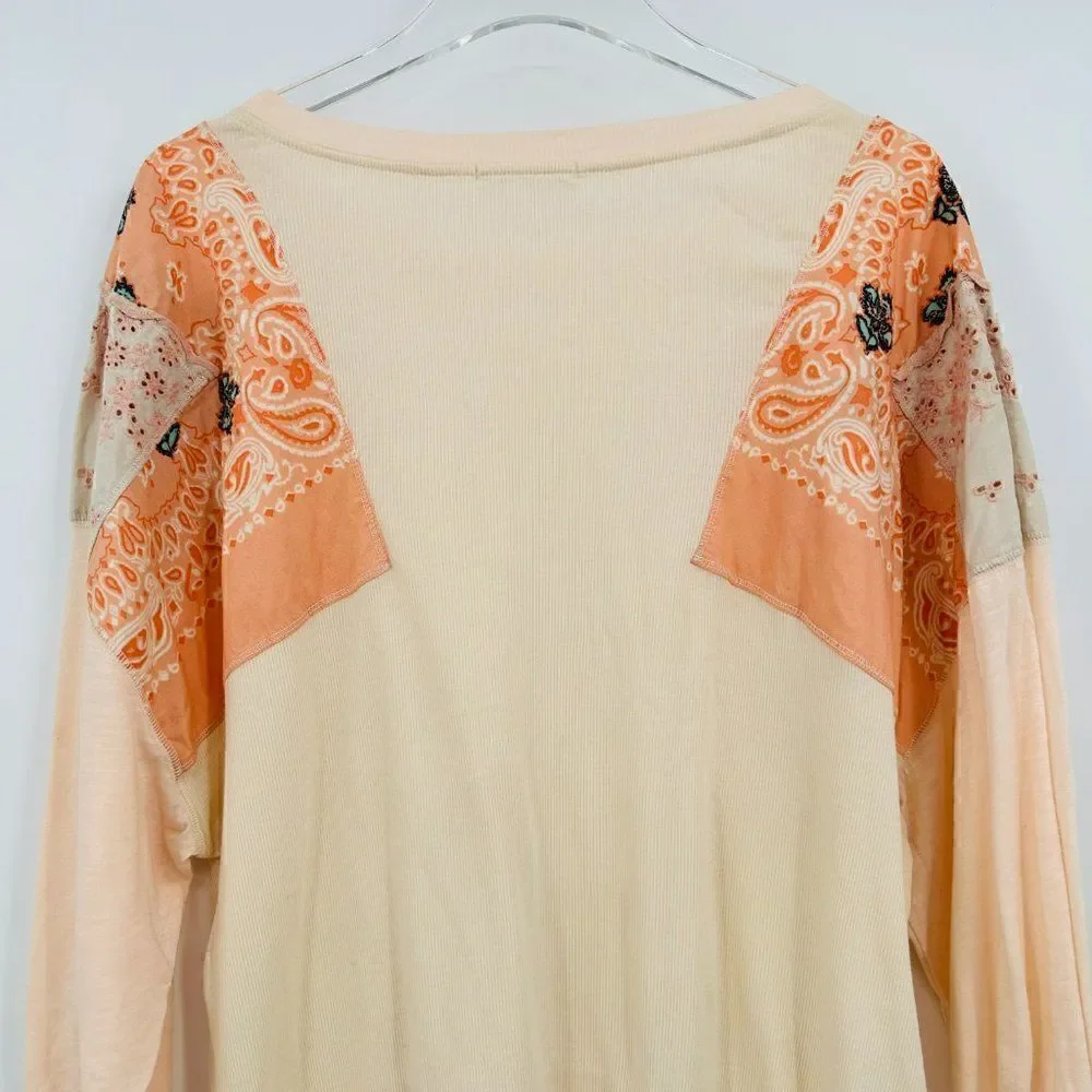 Free People Size Medium Slouchy Oversized Feelin It Patchwork Embroidered Shirt