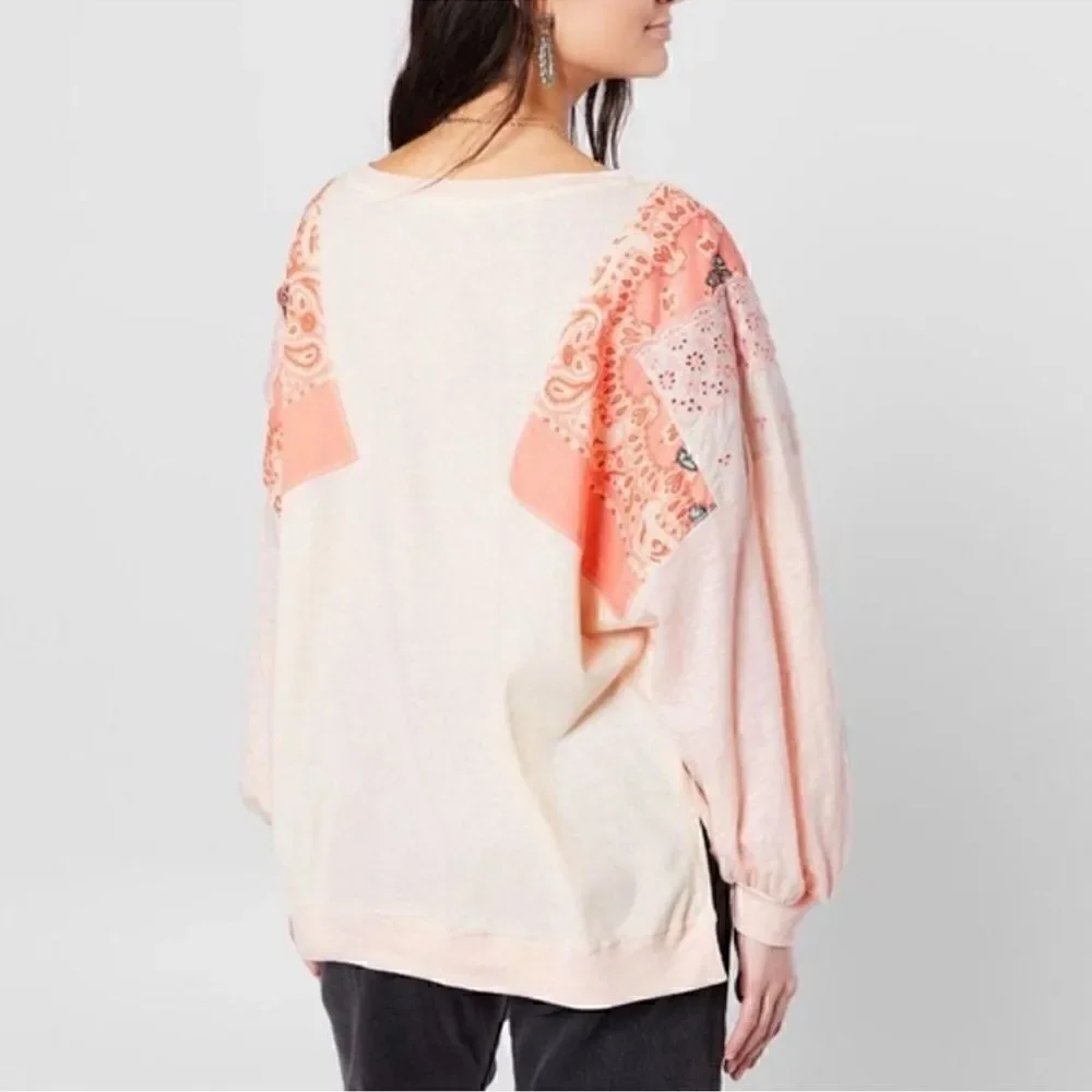Free People Size Medium Slouchy Oversized Feelin It Patchwork Embroidered Shirt
