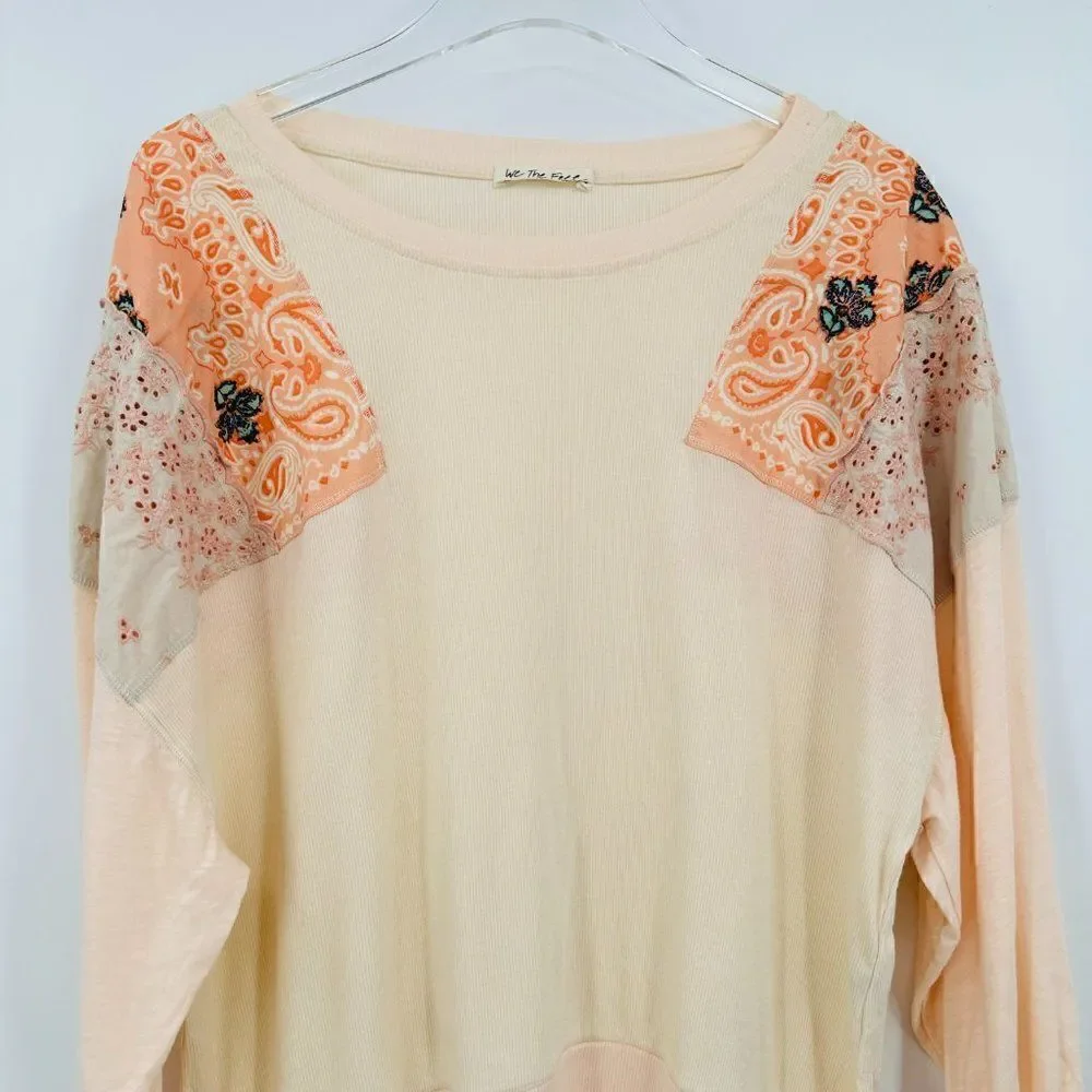 Free People Size Medium Slouchy Oversized Feelin It Patchwork Embroidered Shirt