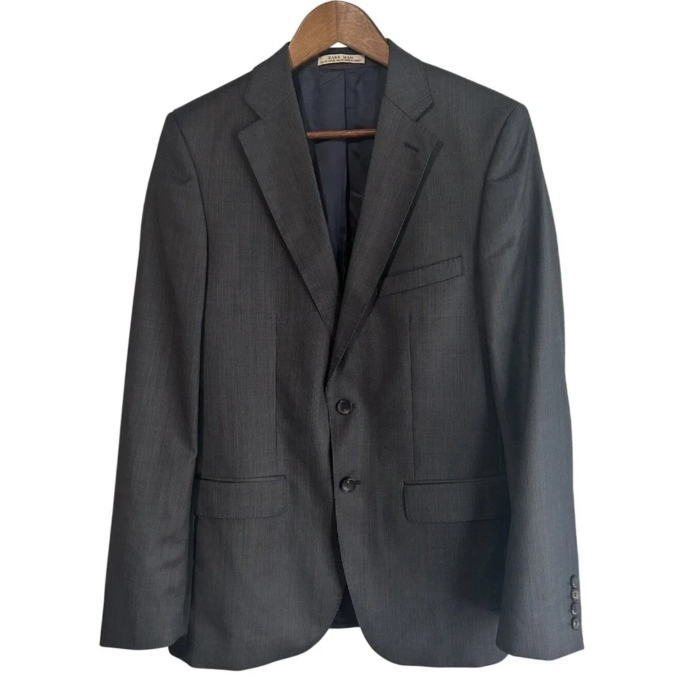 Zara Men‎ 38 One Button Charcoal Gray Pinstripe Blazer Business Casual Academia