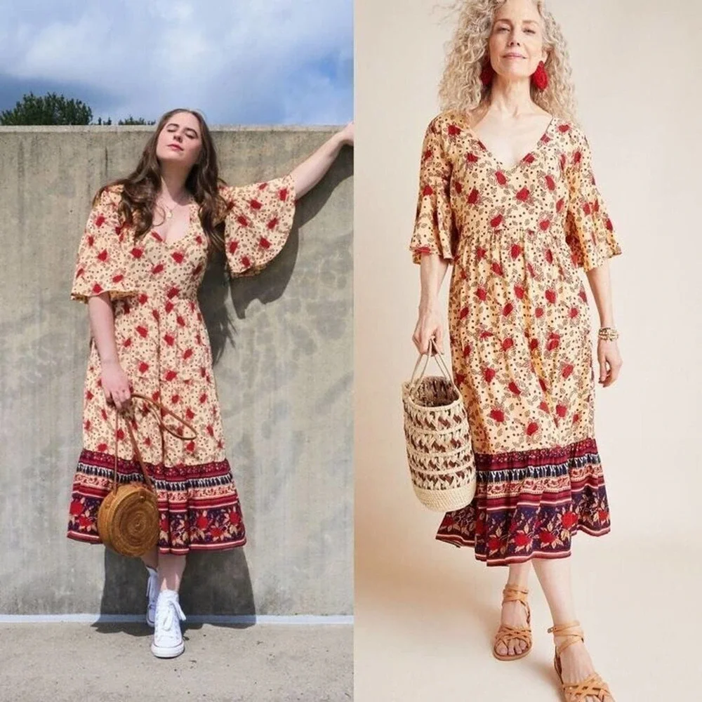 Faithful The Brand x Anthropologie Womens Size 2 Dress Melia‎ Midi Boho Floral