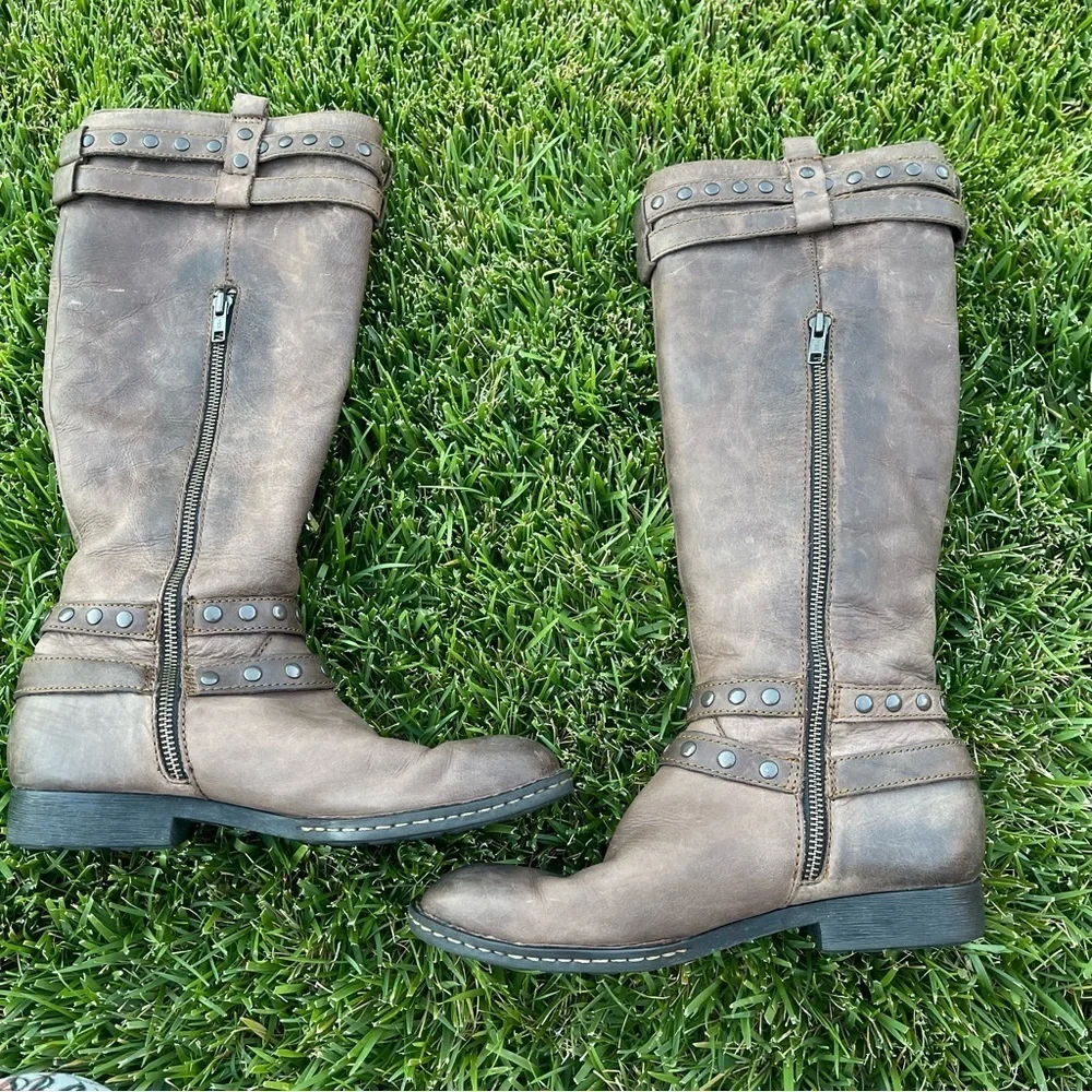 Born Gwynne Brown Leather Moto Biker Boots Distressed Harness Knee High | 7
