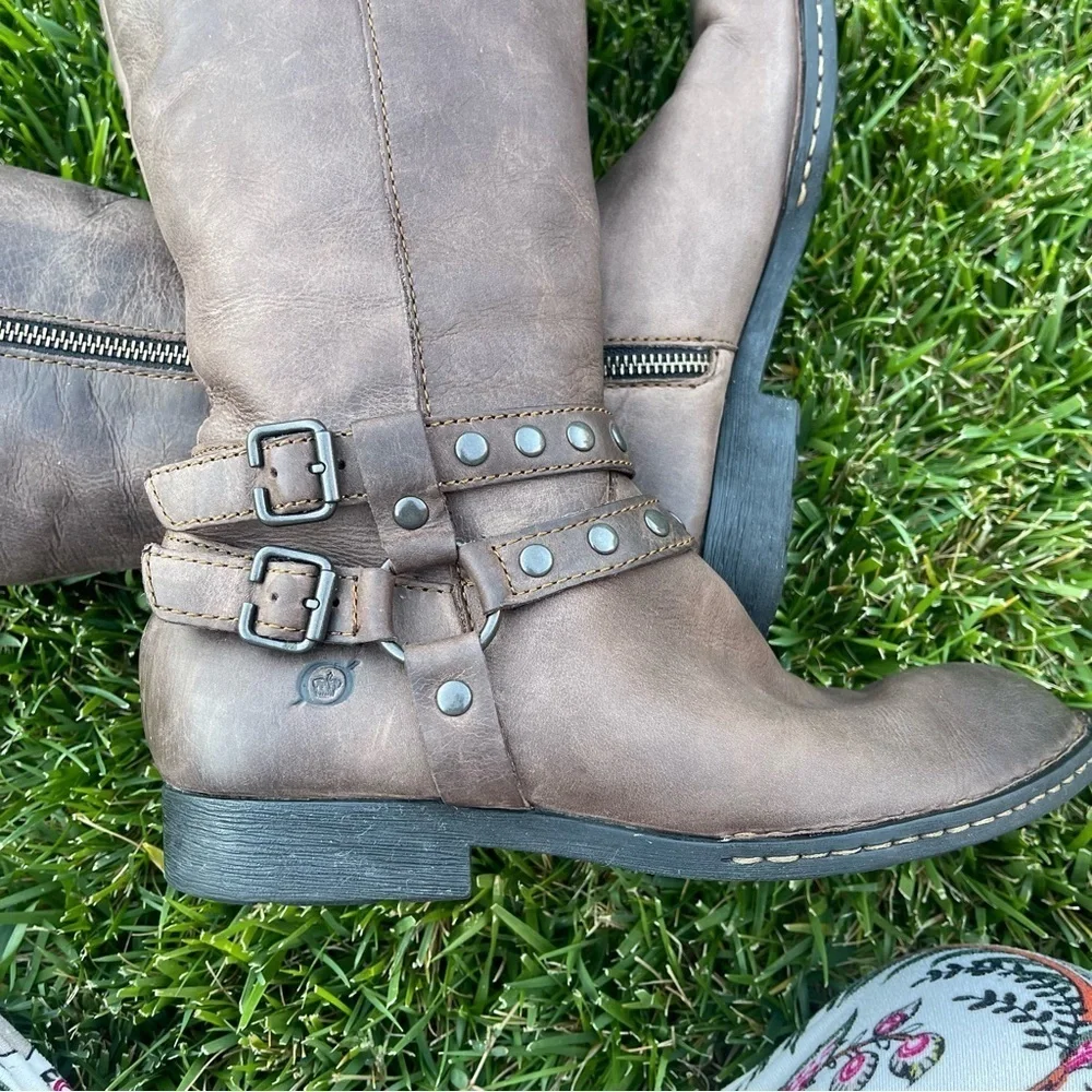 Born Gwynne Brown Leather Moto Biker Boots Distressed Harness Knee High | 7