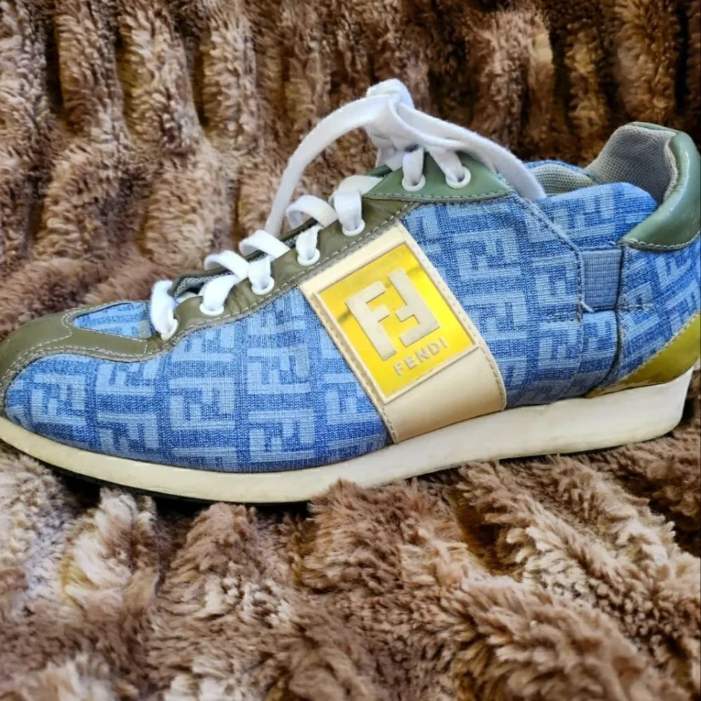 Authentic Fendi FF Logo Blue Canvas and Leather Women's  Sneakers