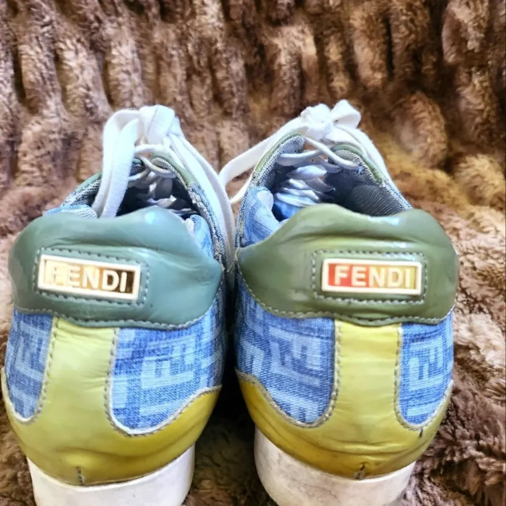 Authentic Fendi FF Logo Blue Canvas and Leather Women's  Sneakers