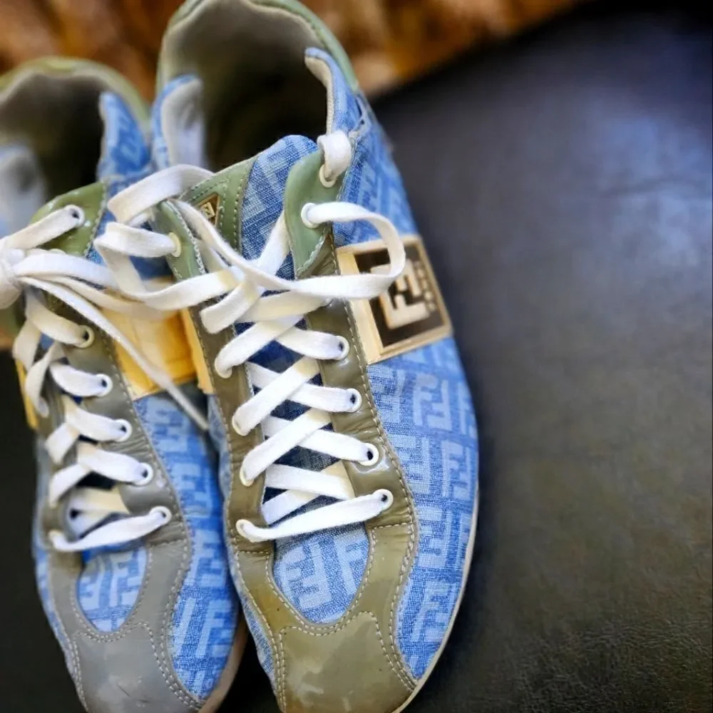 Authentic Fendi FF Logo Blue Canvas and Leather Women's  Sneakers