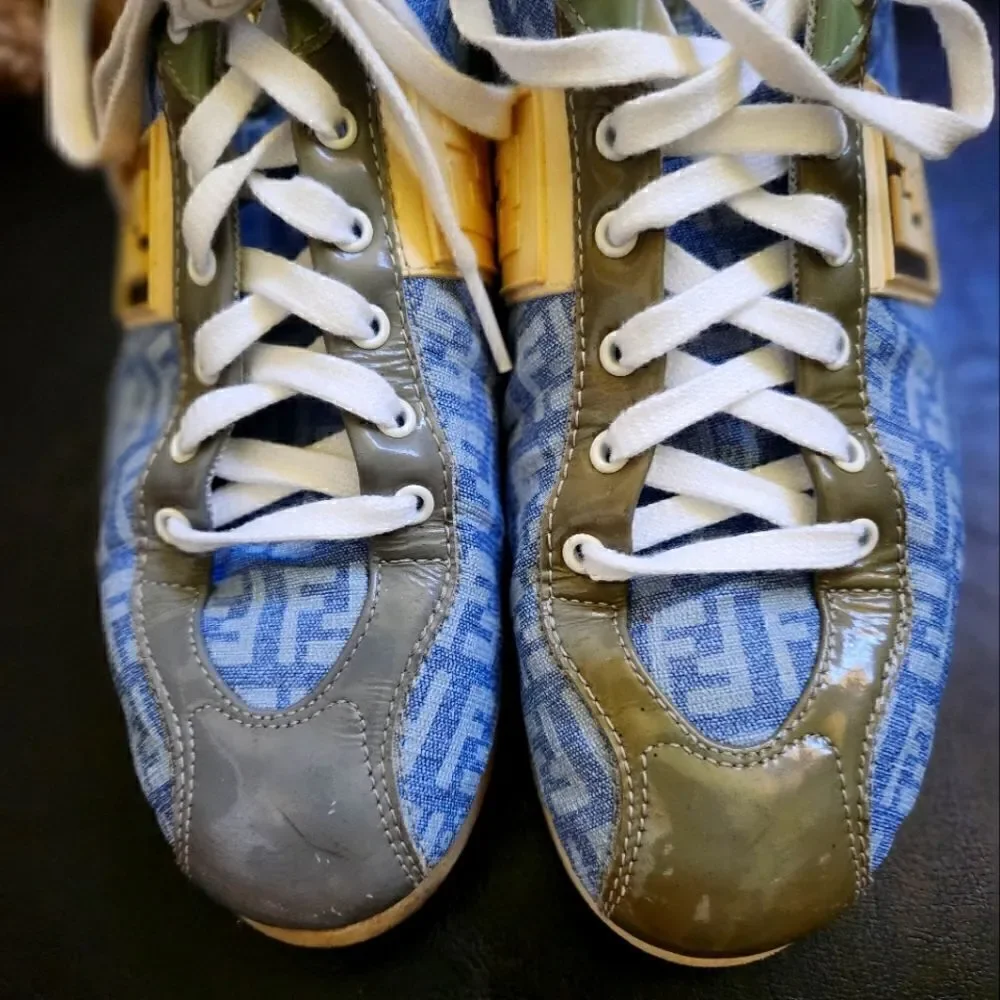 Authentic Fendi FF Logo Blue Canvas and Leather Women's  Sneakers