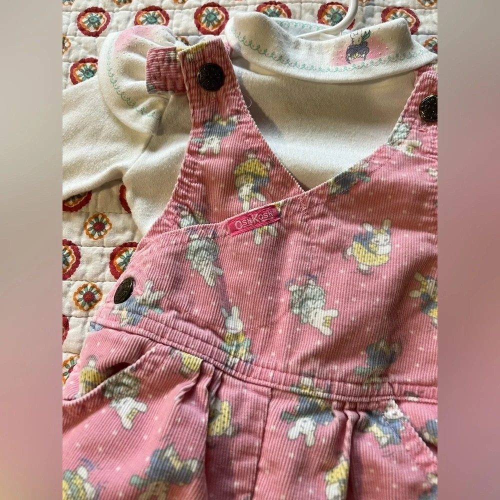 Vintage RARE Oshkosh Bgosh Corduroy Overalls Easter Rabbit SET size 6-9 months