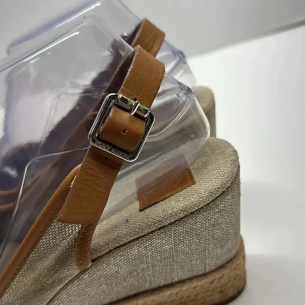 Tory Burch Mya Espadrille Wedge Heels Pump Peep Toe Slingback Brown Sparkle 7