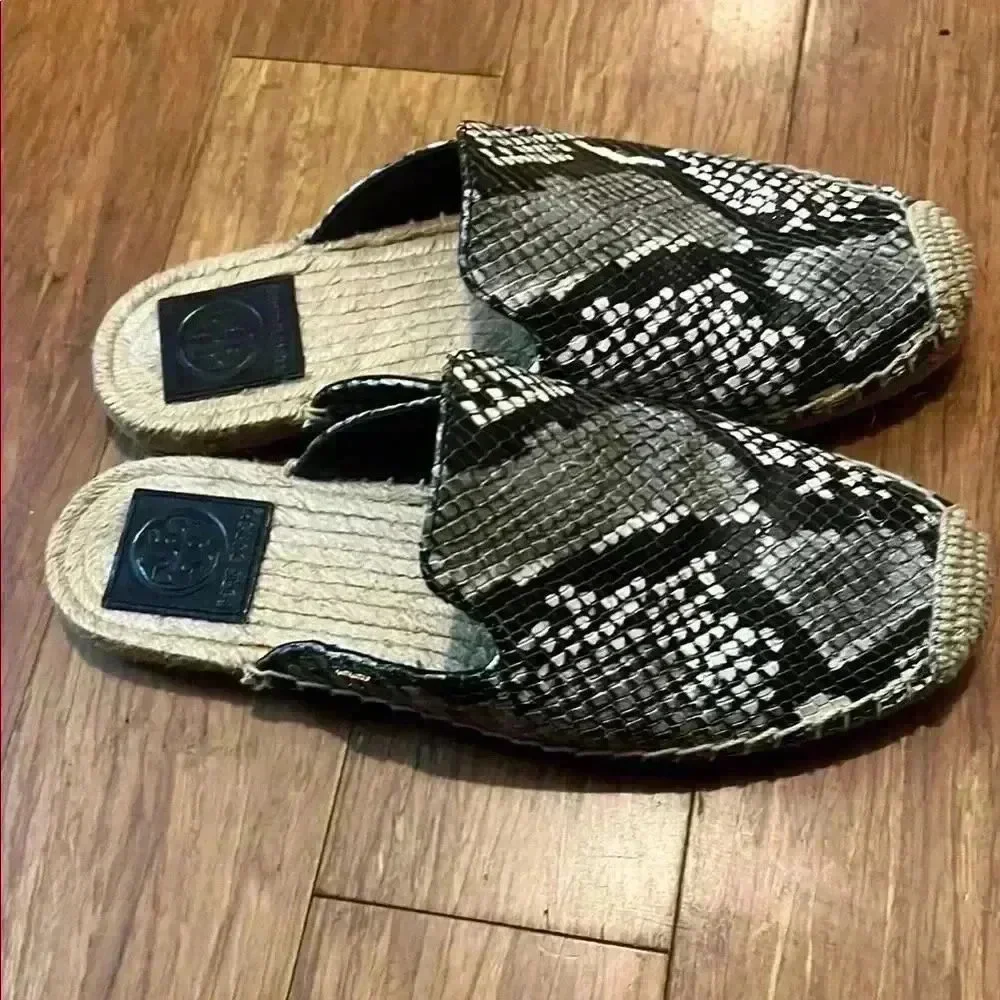 Tory Burch Black and White Snake Print Espadrilles