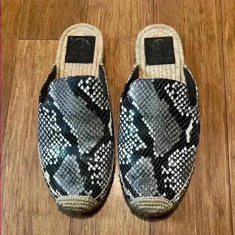 Tory Burch Black and White Snake Print Espadrilles