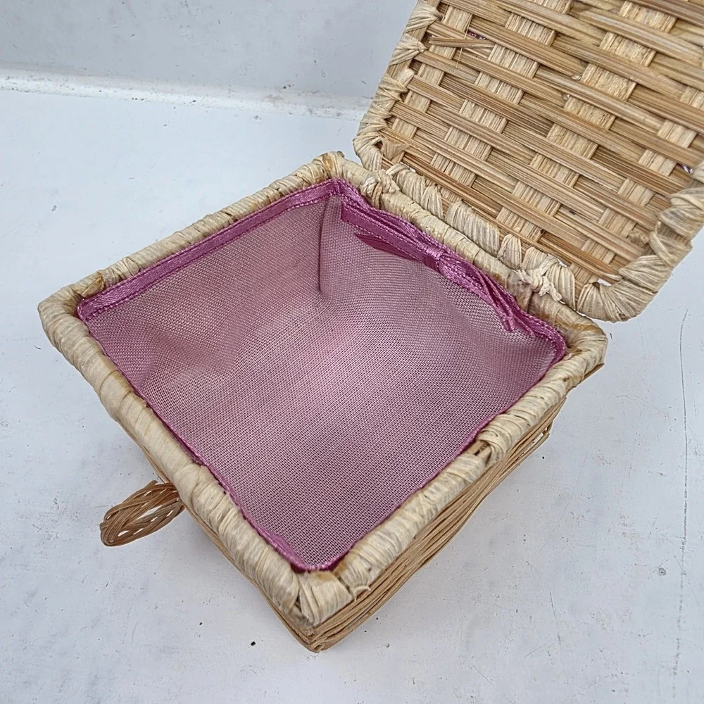 Vtg 1991 Avon Fanciful Floral Wicker Trinket Box Ribbon Fabric Roses Basket Only