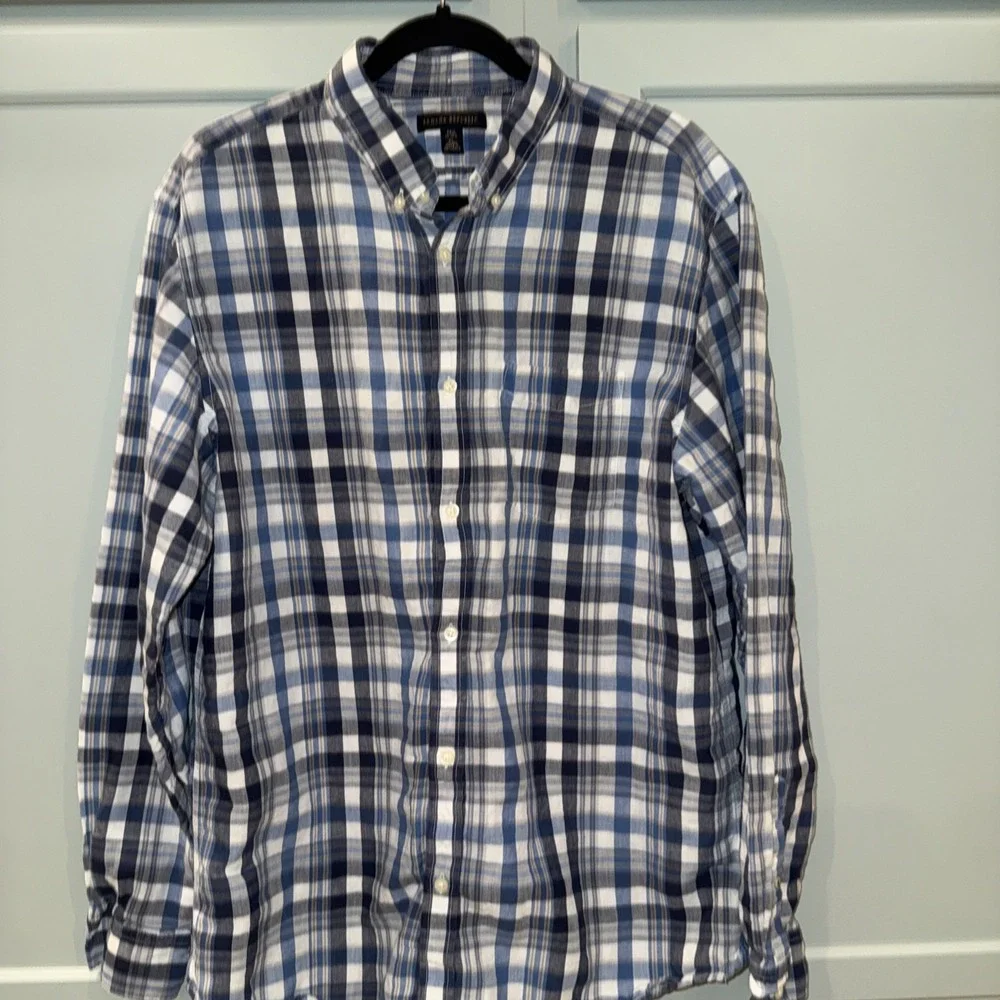 Banana Republic Shirt Men XL Tall Blue Cream Plaid Check Linen Blend Button Down