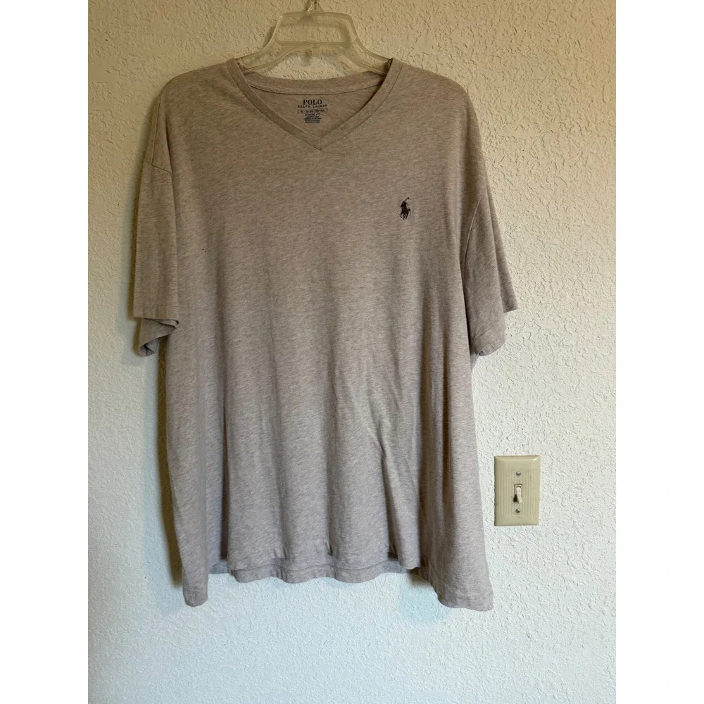 Polo Ralph Lauren Mens XL Classic Fit V-Neck T-Shirt Heather Tan Beige Cotton