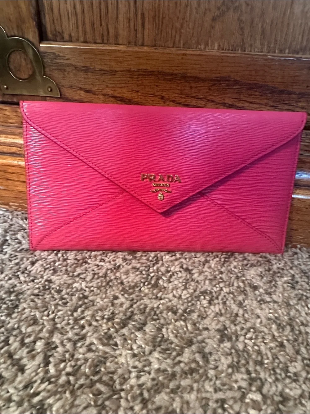 Prada Hot Pink Saffiano Envelope Wallet with Gold Logo