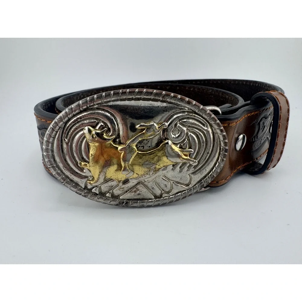 Nocona‎ Brown Tooled Leather Bull Rider Western Belt Size 26 N4410402