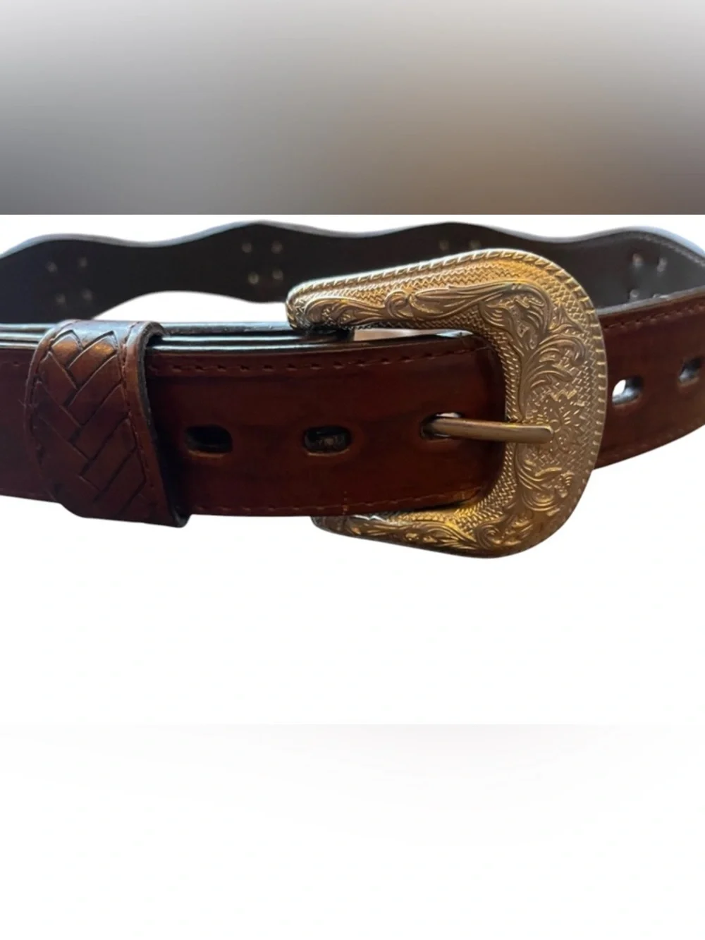 Western Style Silver Buckle Brown Leather Belt Size Youth Medium Excellent Condi
