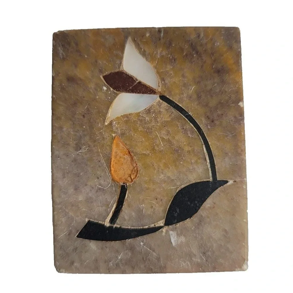 Small Brown Soap Stone Trinket Box Floral Inlay‎ Rectangle Lidded Made In India