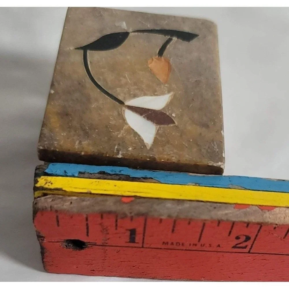 Small Brown Soap Stone Trinket Box Floral Inlay‎ Rectangle Lidded Made In India