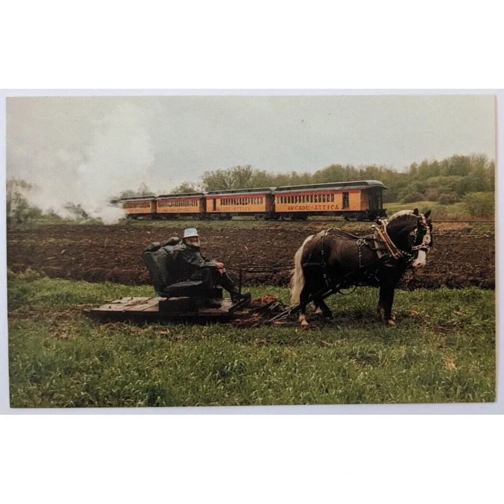 Arcade & Attica Railroad‎ Centennial Train Farmer & Horse Team New York Postcard