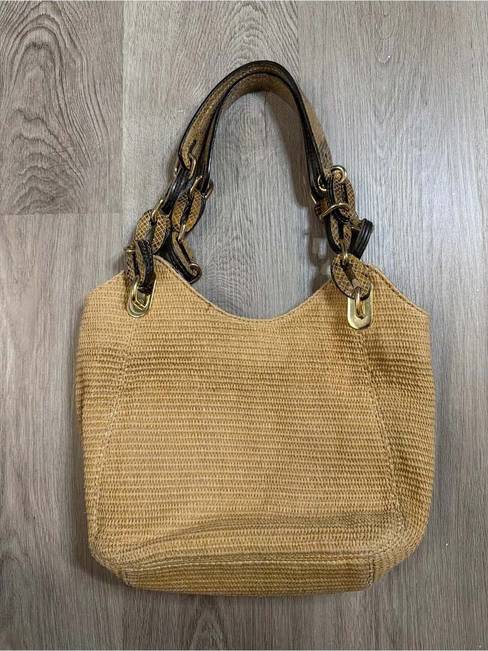 Michael Kors Woven Shoulder Tote with Chain-Link Snakeskin Straps - Tan