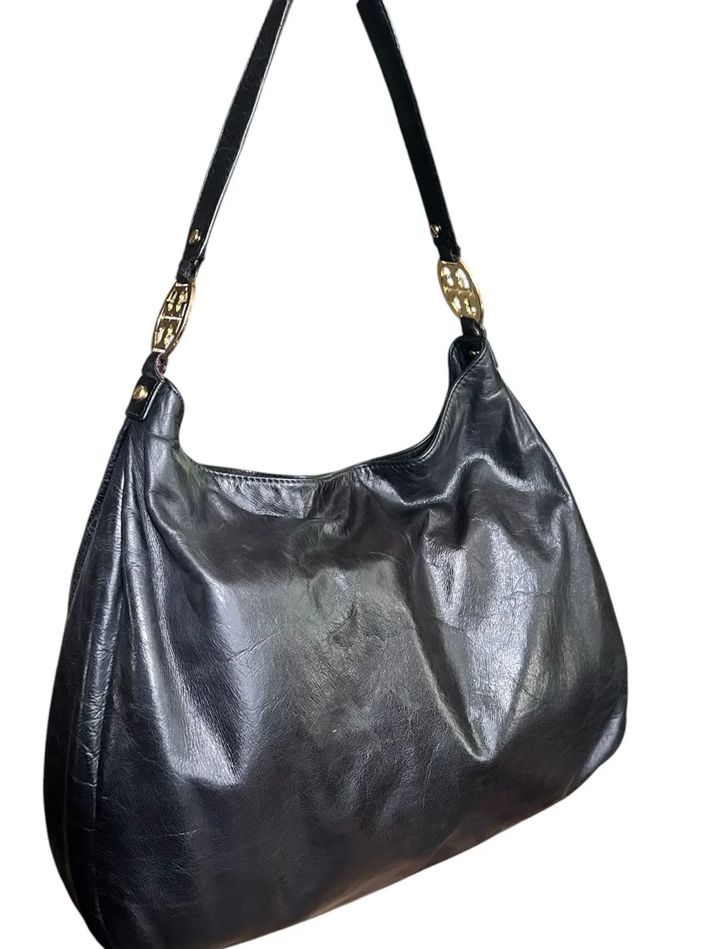 Tory Burch Black Leather Hobo Shoulder Bag Gold Logo Medallions VGUC