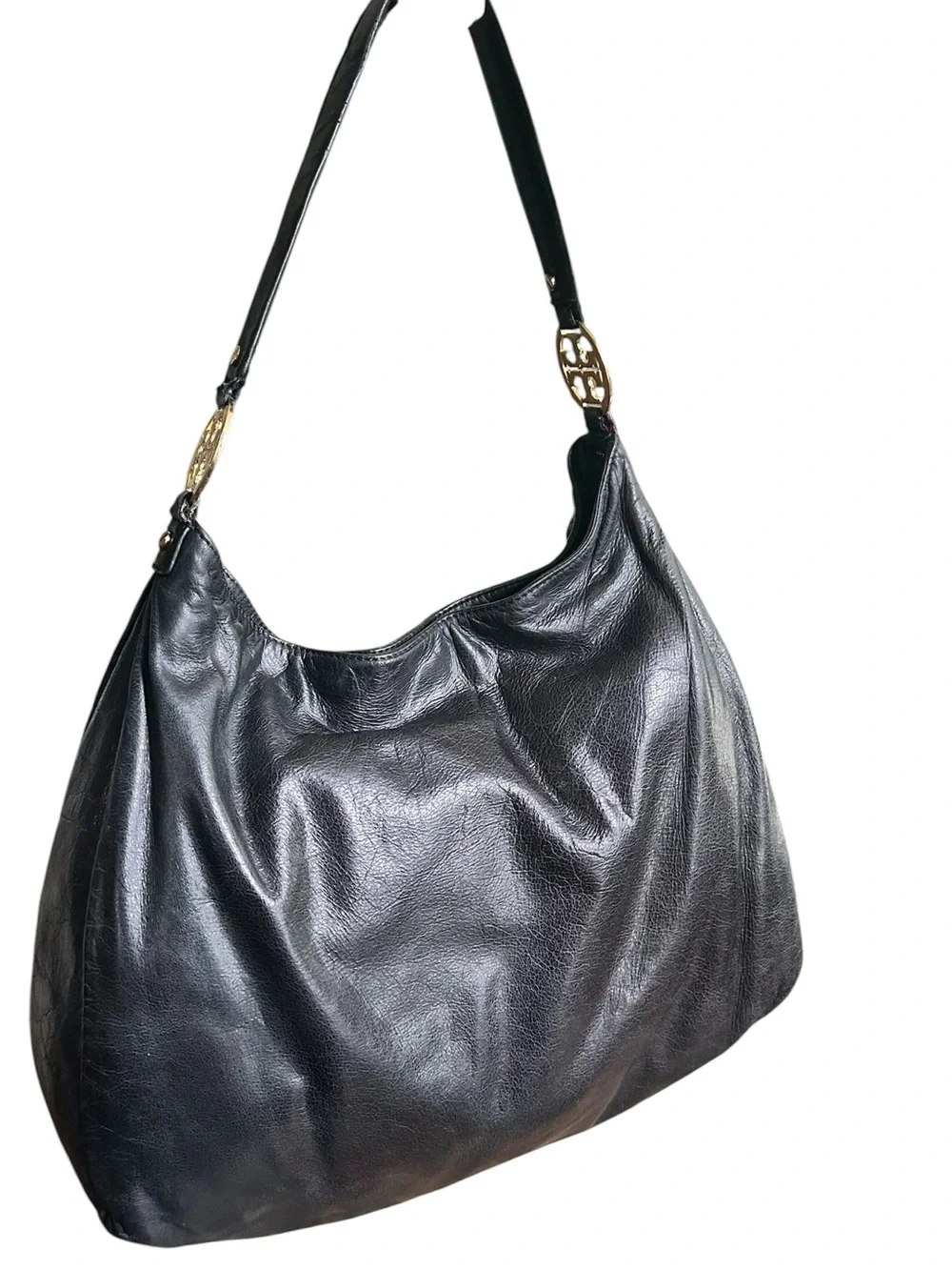 Tory Burch Black Leather Hobo Shoulder Bag Gold Logo Medallions VGUC
