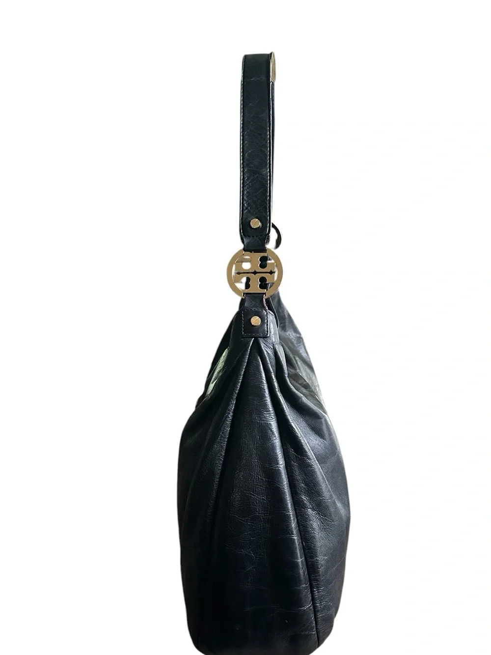 Tory Burch Black Leather Hobo Shoulder Bag Gold Logo Medallions VGUC