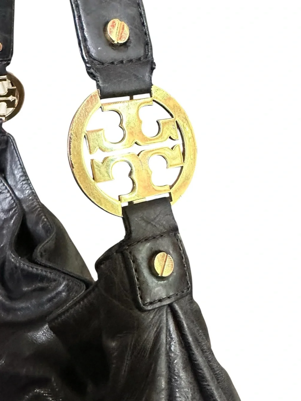 Tory Burch Black Leather Hobo Shoulder Bag Gold Logo Medallions VGUC