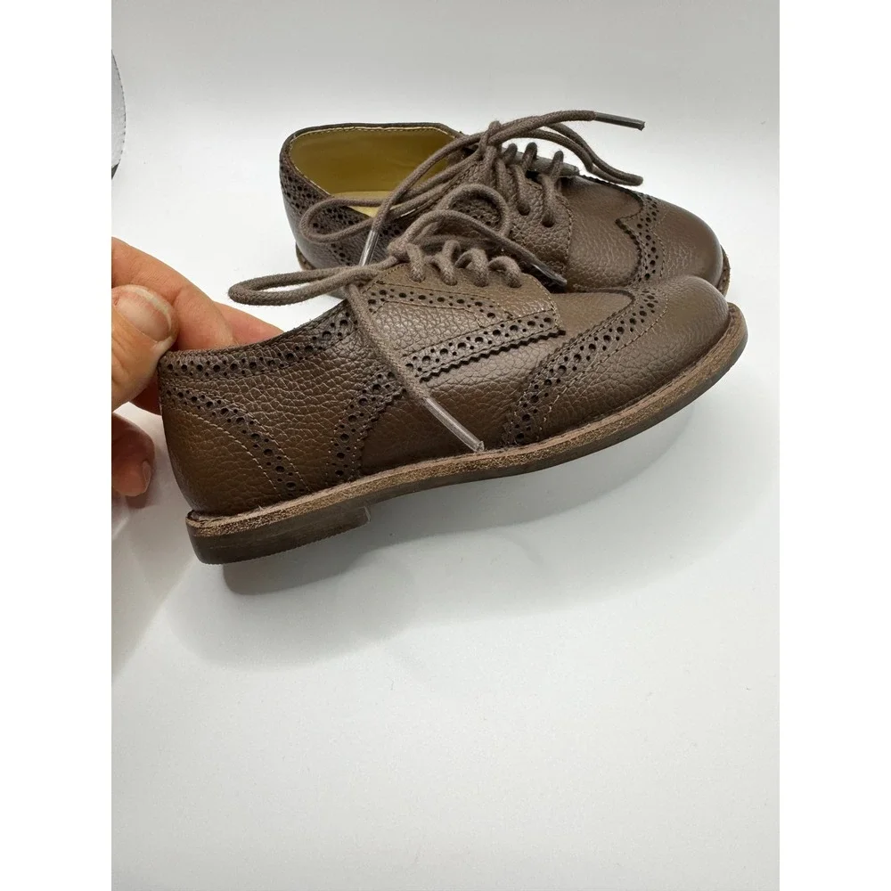 Janie and Jack Kids Brown Pebbled Leather Wingtip Oxford Dress Shoes Size 8