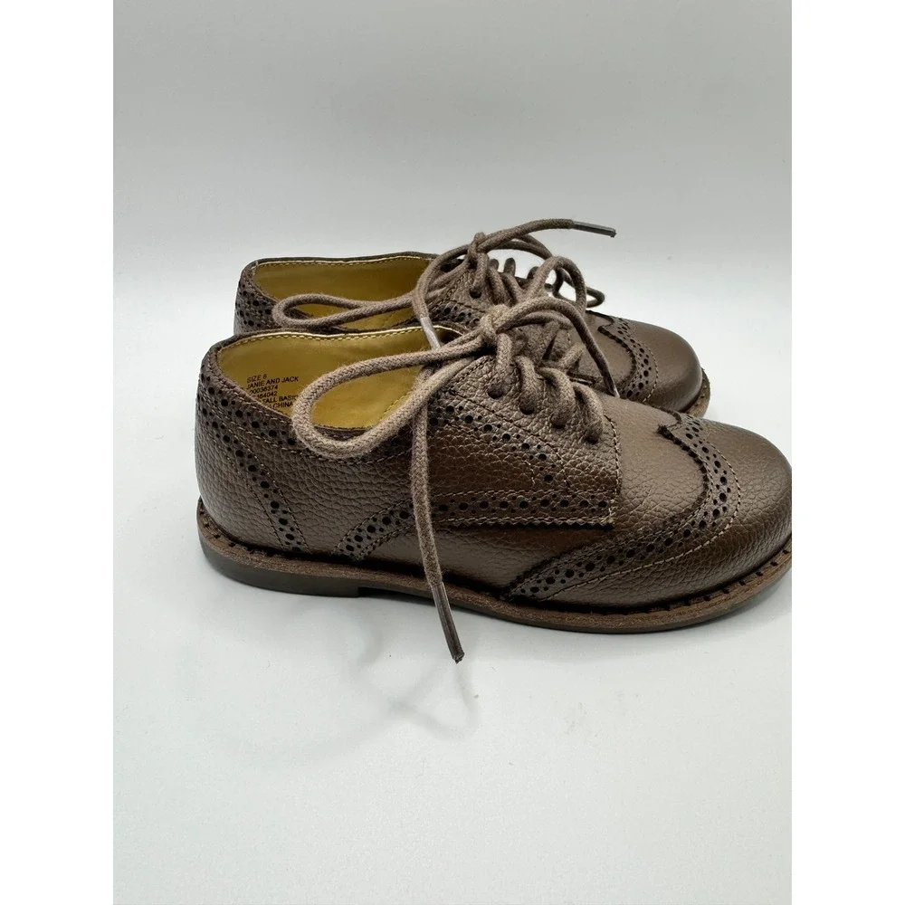 Janie and Jack Kids Brown Pebbled Leather Wingtip Oxford Dress Shoes Size 8