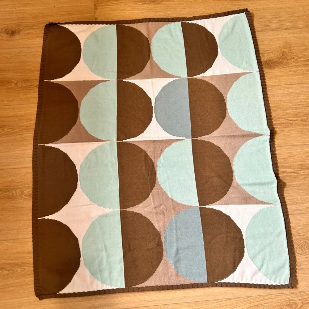 DwellStudio Knit Baby Blanket 31x36 Brown Mint Green Geometric Circles MCM
